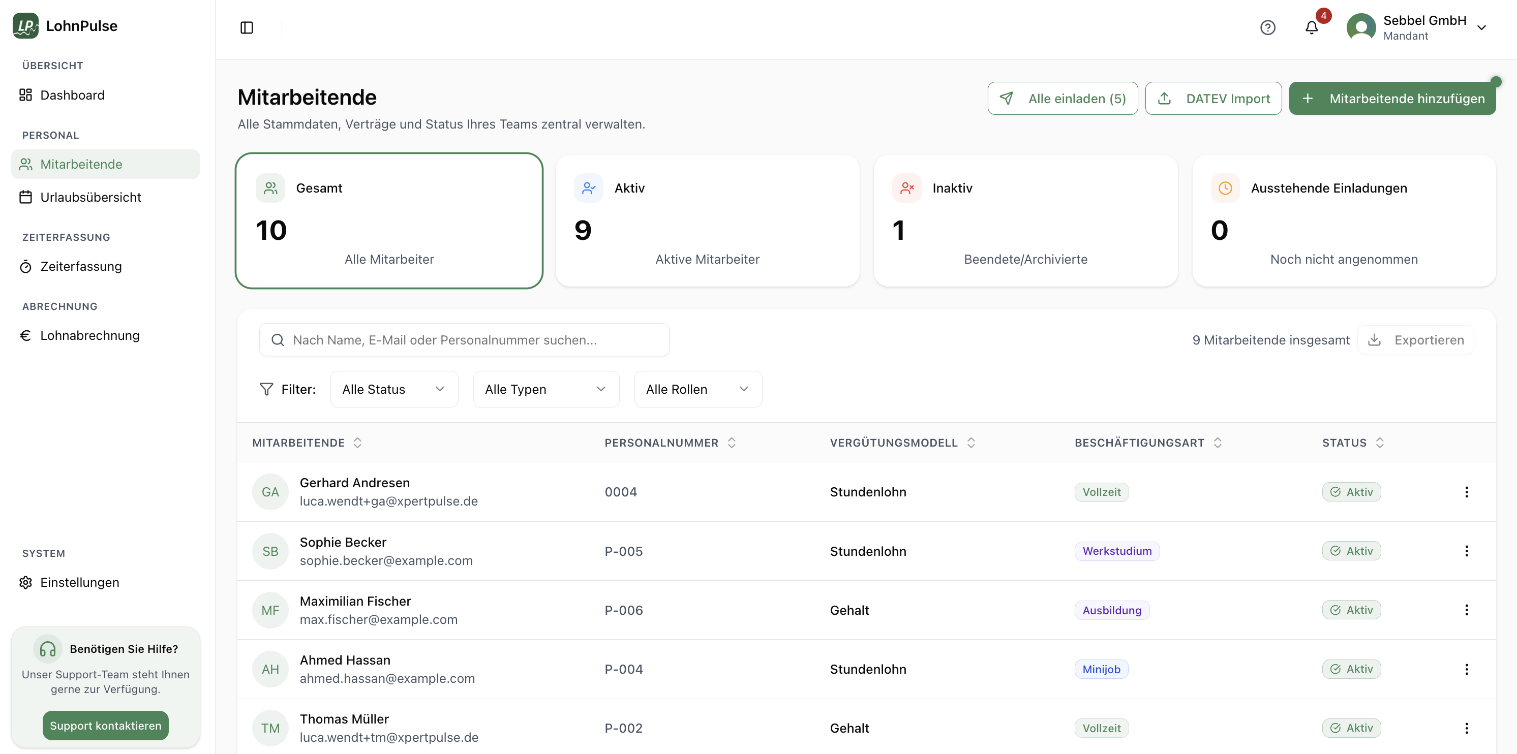 Mitarbeiterübersicht und geführte Eingabe in LohnPulse